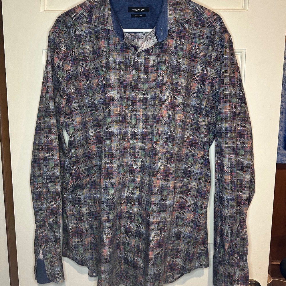 Bugatchi Men's Shaped Fit Button-Down Shirt Size XL 100% Cotton Gray Blue